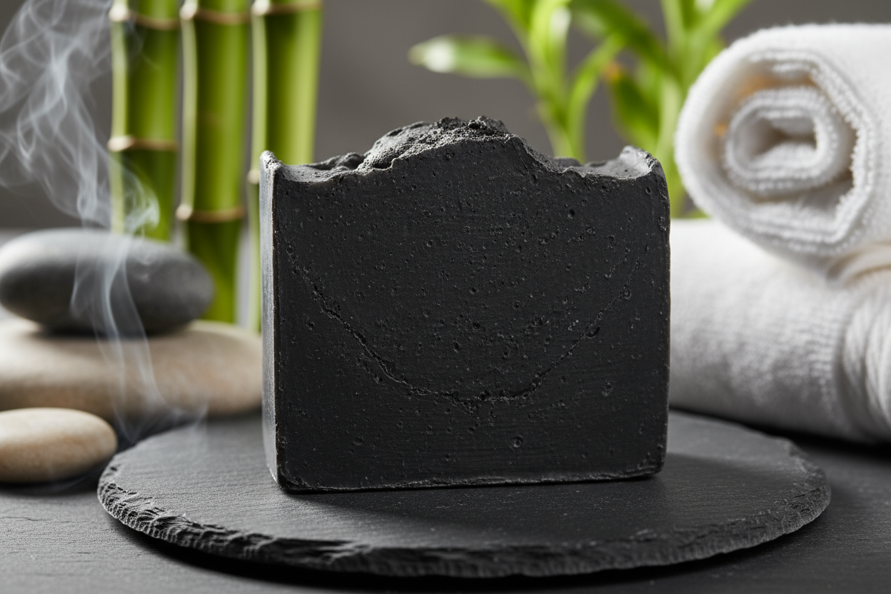 cold processed charchoal soap in the center with a relevant back ground
