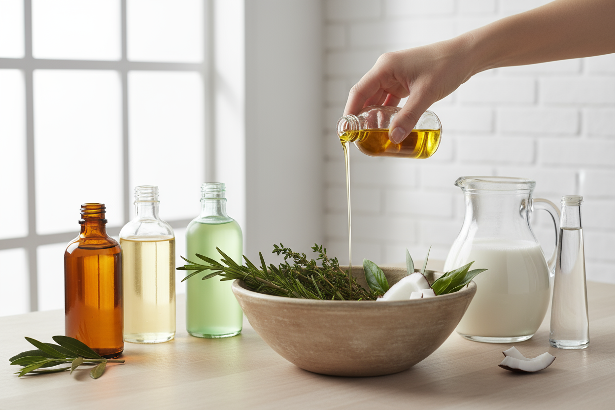Create an image of 4 different Oils on the side and one of them being poured into a large bowl with herbs and coconut milk in a container on the side 
