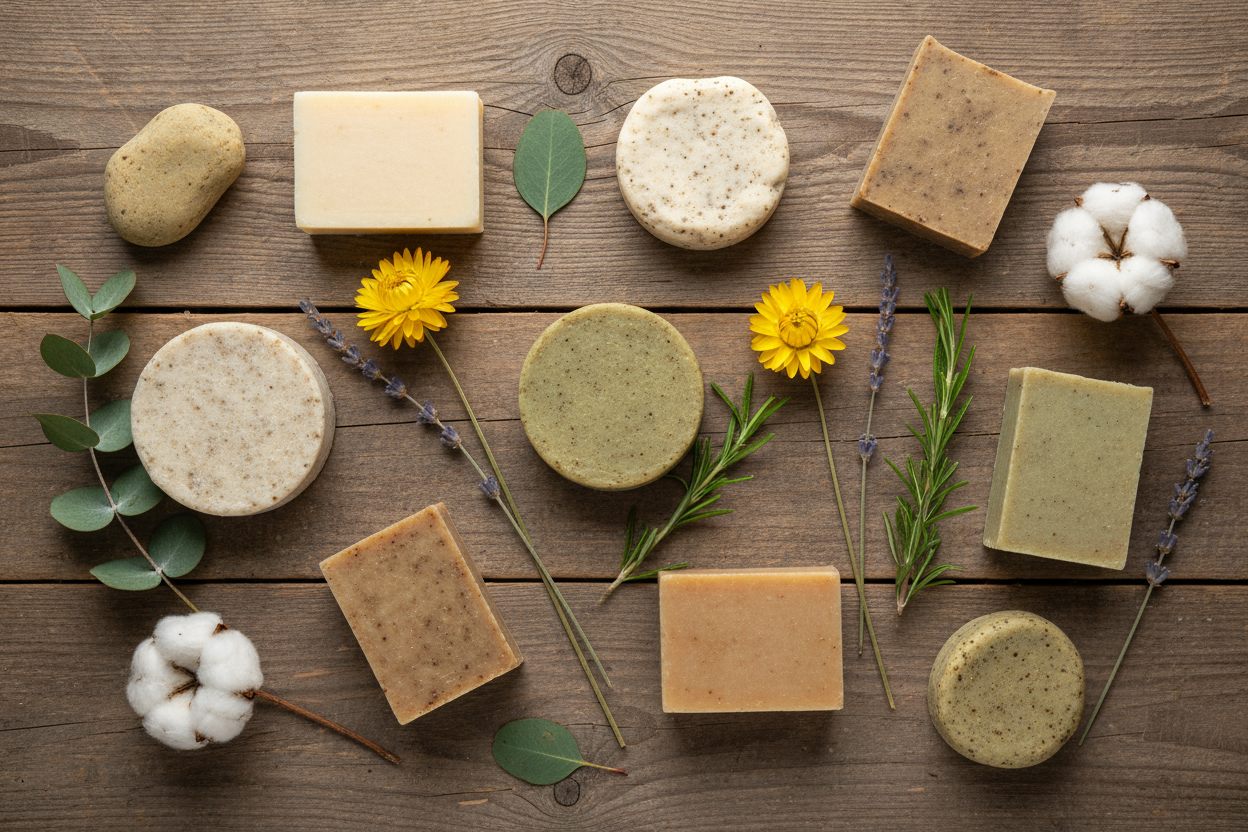 natural & handmade (rustic wood, leaves, botanicals), 2. Background color preference: natural wood, 3. multiple soaps arranged beautifully