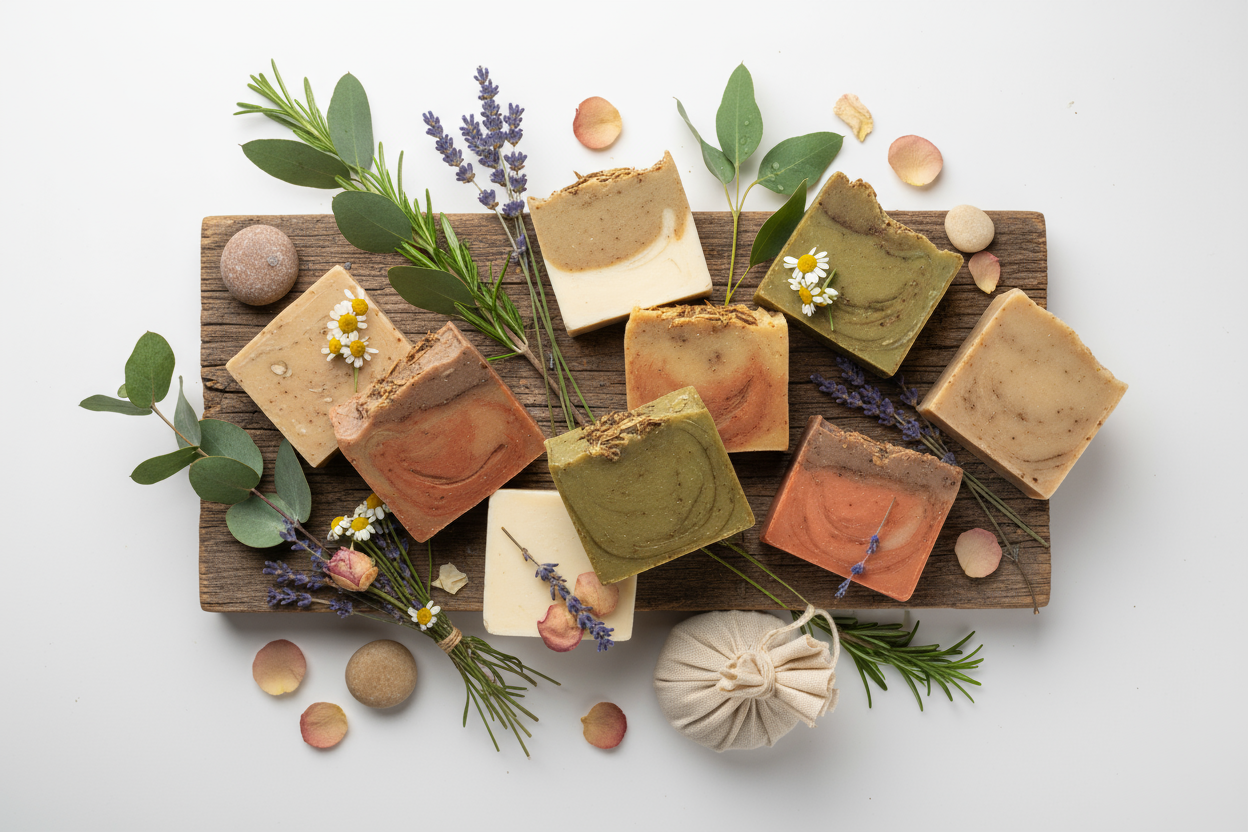 natural & handmade (rustic wood, leaves, botanicals), 2. Background color preference: white, 3. multiple soaps arranged beautifully